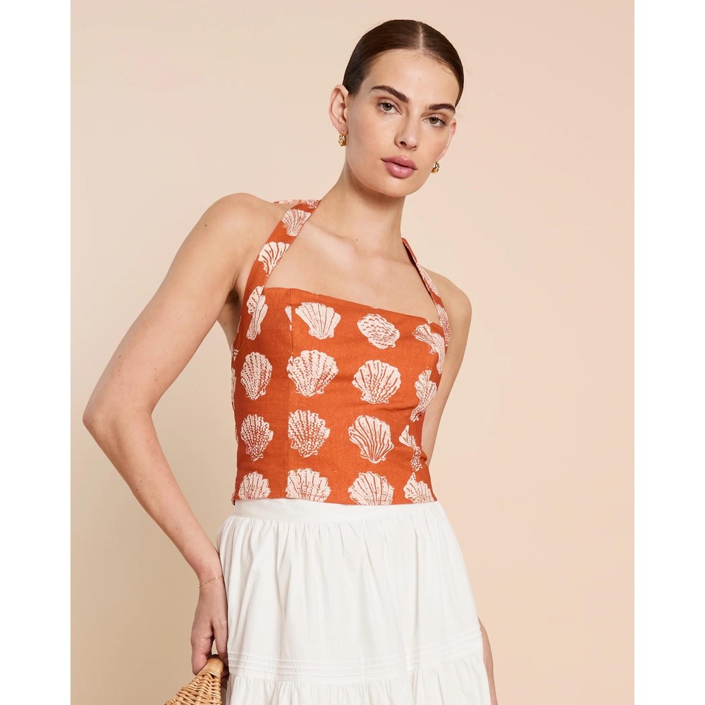 NWT Kourt Dixie Linen Cotton Halter Top in Sanibel Sunset Print - Size 6